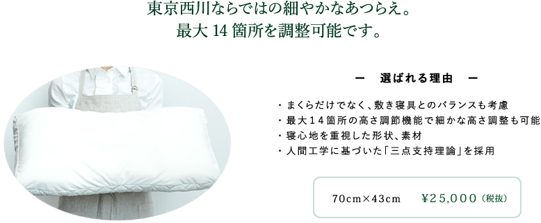 東京西川ならではの細やかなあつらえ。最大14箇所を調整可能です。ー選ばれる理由ー・まくらだけでなく、敷き寝具とのバランスも考慮・最大14箇所の高さ調節機能で細かな高さ調整も可能・寝心地を重視した形状、素材・人間工学に基づいた「三点支持理論」を採用